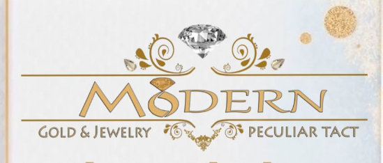 Modern Gold & Jewelry logo: the word Modern with a gold ring and a diamond in place of the O, between the words Gold & Jewelry and Peculiar Tact